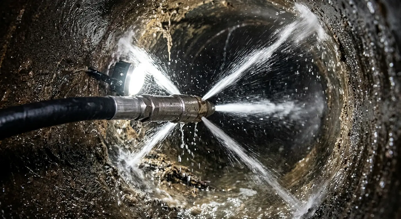 High-pressure hydro jetting nozzle cleaning sewer pipe for Sewer Cleanout in Northampton