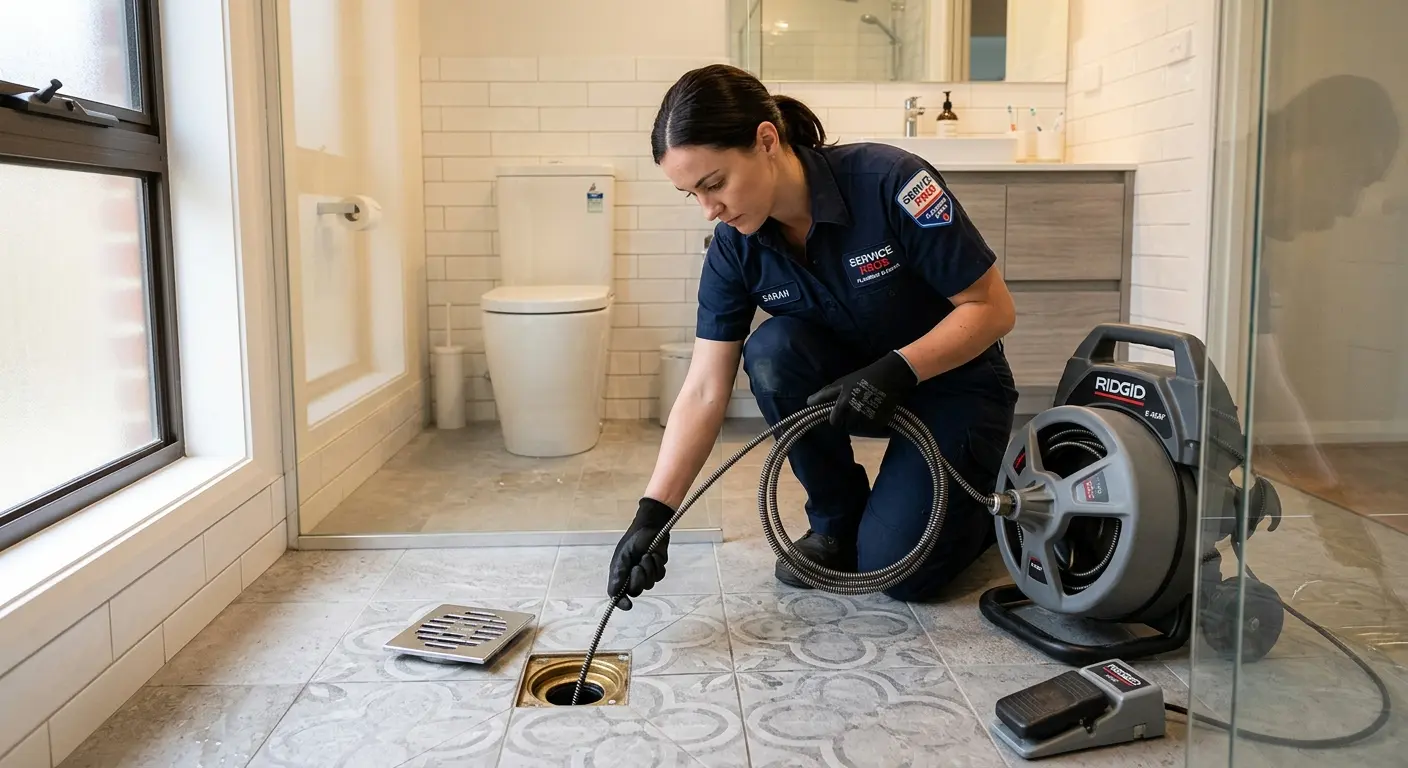 Technician clearing a bathroom floor drain for Hydro Jetting in Northampton